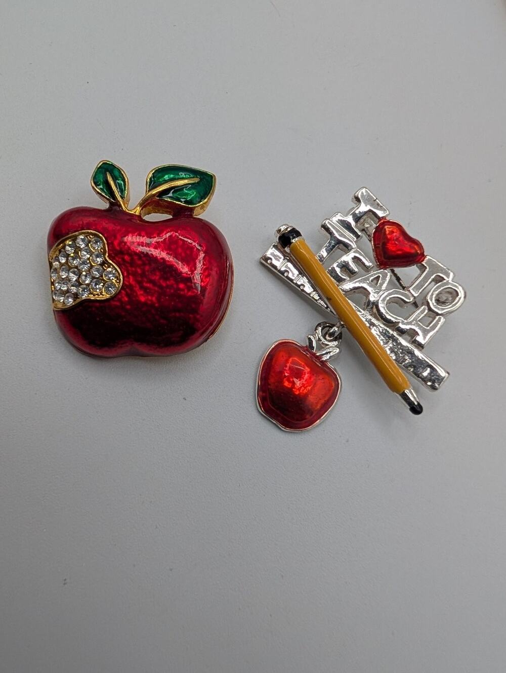 Teacher Appreciation Brooch Pin Lot: I Love Teach & Rhinestone Apple Pins